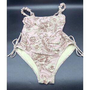 AguaBendita Women’s Pink Floral Print Tie Side One Piece Swimsuit Sz L Pool